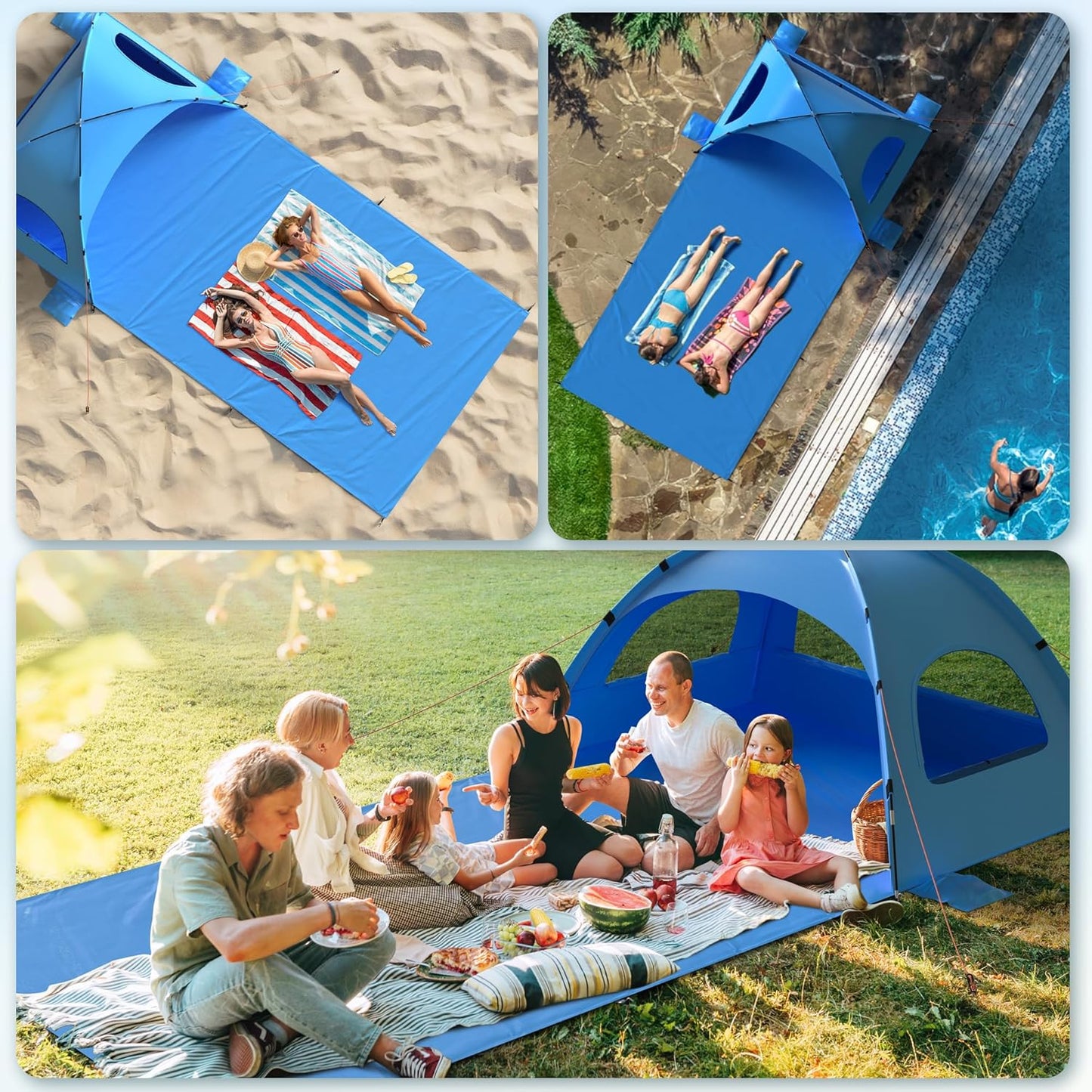 Beach Tent Sun Shelter with Extended Sand Mat 114×82inch,UPF 50+ Protection, 3 Double-Layer Windows for Enhanced Privacy; Portable Beach Shade, 3-4 People. Windproof and Waterproof