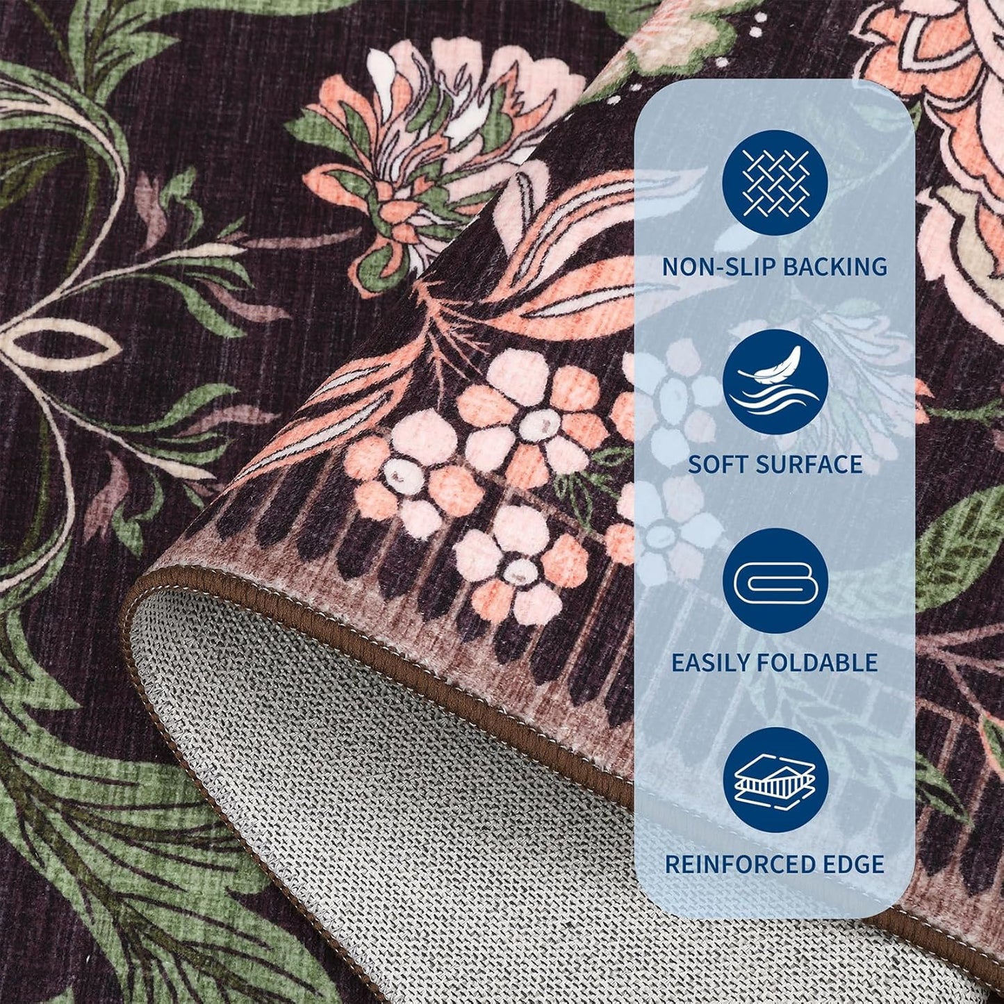 GarveeHome Plum Pink Floral Botanical Washable 5x7 Rug for Living Room, Black Purple Vintage Boho Cottage Throw Rugs Low Pile Carpet for Bedroom Dining Nursery Rug