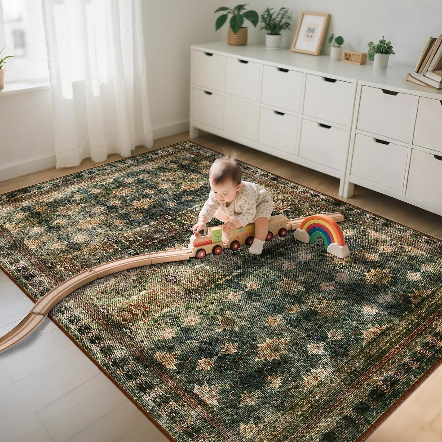 Large 8x10 Washable Area Rug for Living Room, No Shedding Vintage Floral Print Rugs Non Slip, Indoor Thin Retro Accent Carpet for Bedroom Farmhouse Dining Room(Dark Green/Brown/Multi)