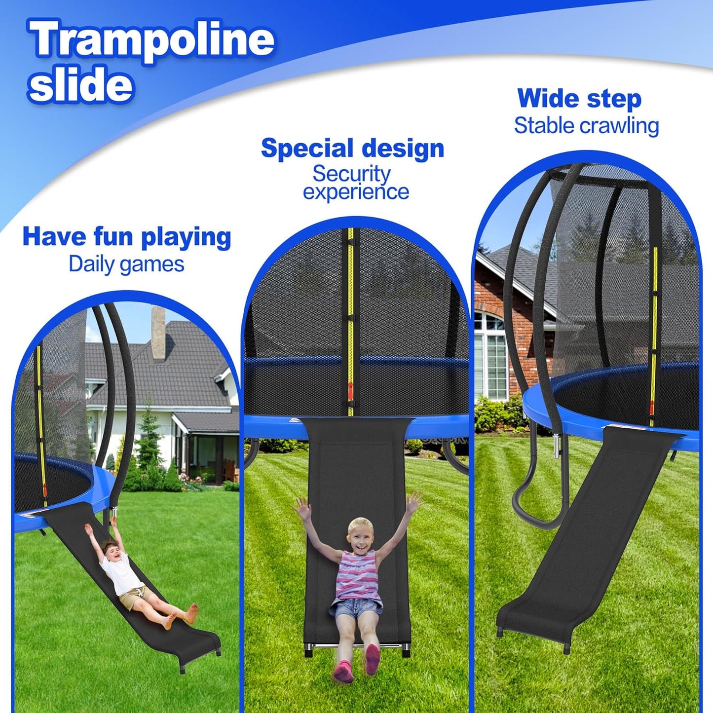 Universal Trampoline Slide with Buffer Region, Heavy Duty Steel Trampoline Accessory, for 8 10 12 14 15 16FT Trampoline, Ideal for Children or Kids to Climb up and Slide Down. (Black)