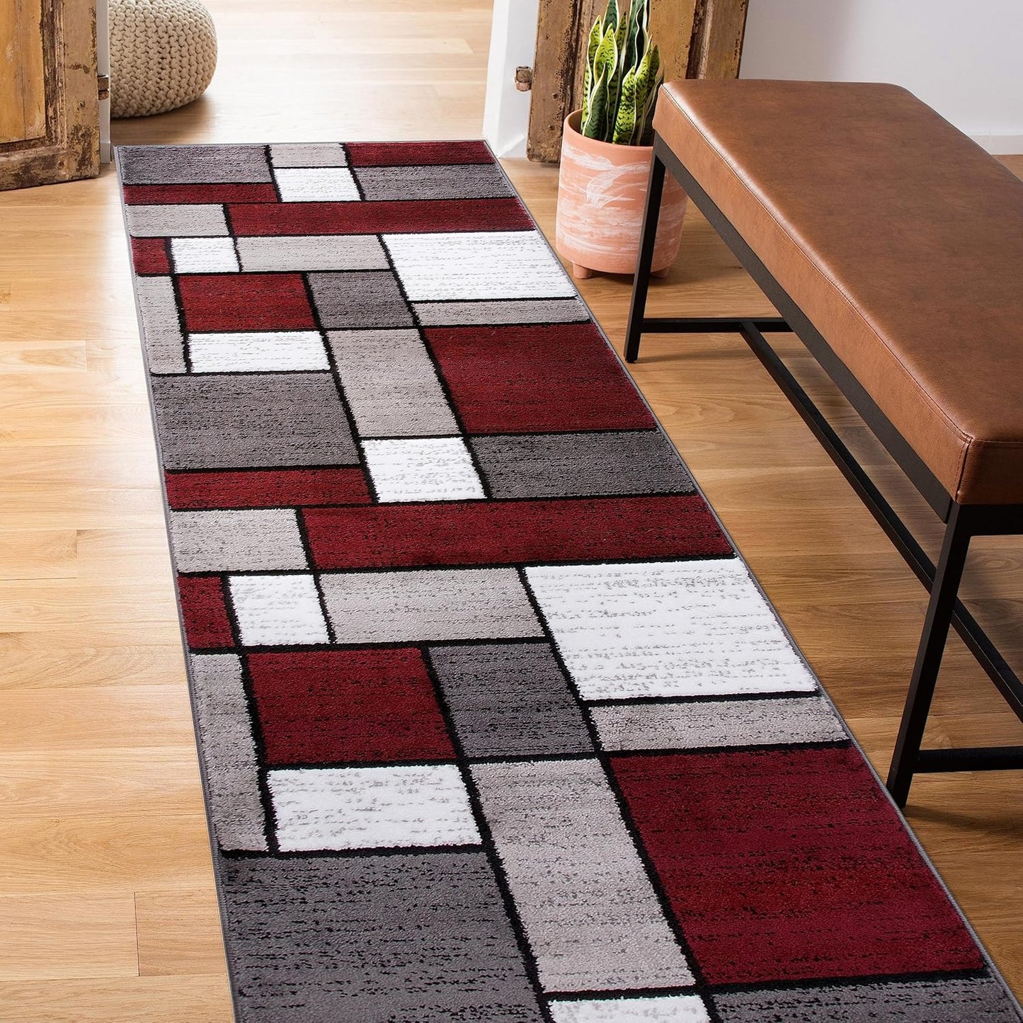 Rugshop Contemporary Modern Boxes Runner Rug 2' x 7'2" Red
