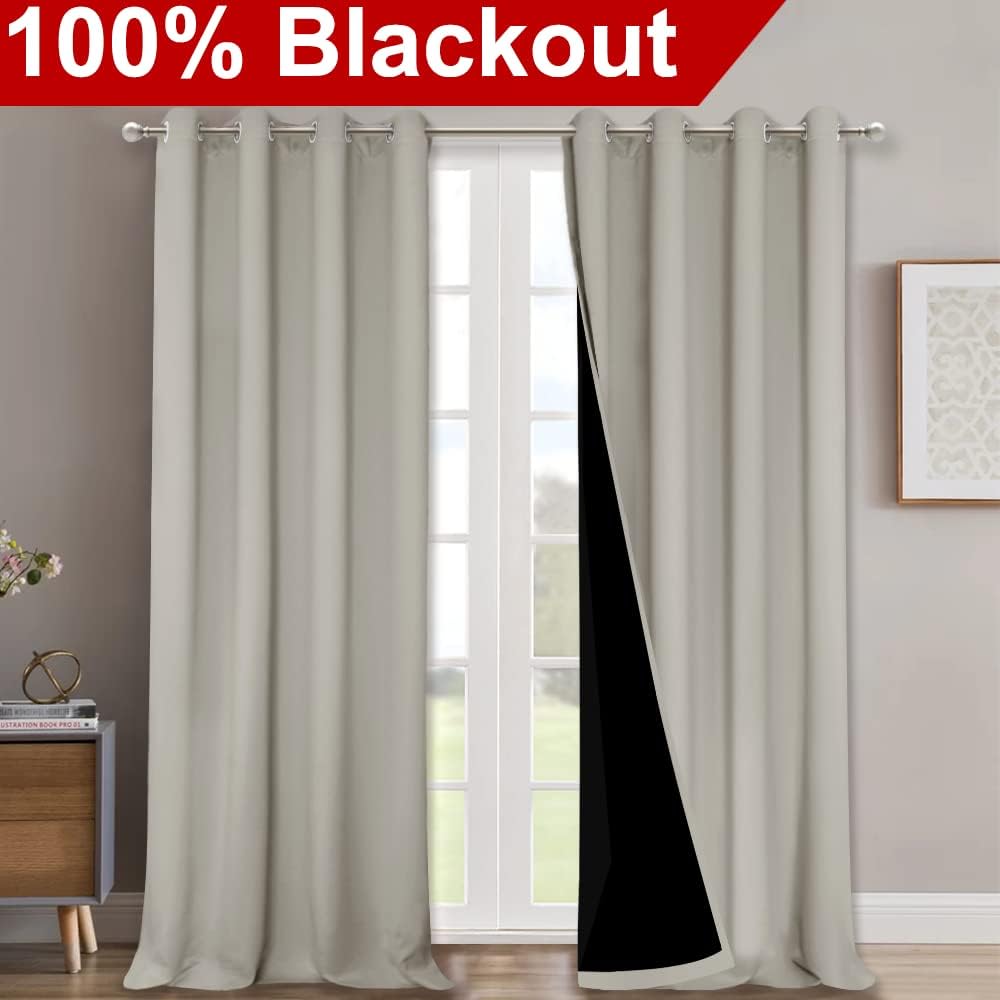 NICETOWN 100% Blackout Blinds, Set of 2, 46" x 102", Natural, Laundry Room Decor Window Treatment Curtains for Large Patio Sliding Door, Thermal Insulated Curtains for Bedroom