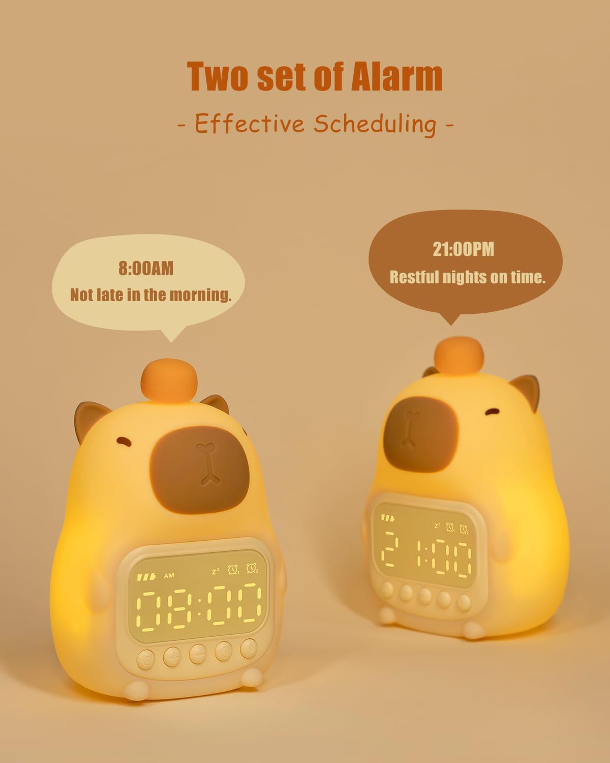 Capybara Alarm Clock with Night Light for Kids, Cute Toddler Alarm Clocks for Bedrooms Ok to Wake Clocks for Girls and Boys, Rechargeable Silicone Animal Tabletop Lamp for Kid