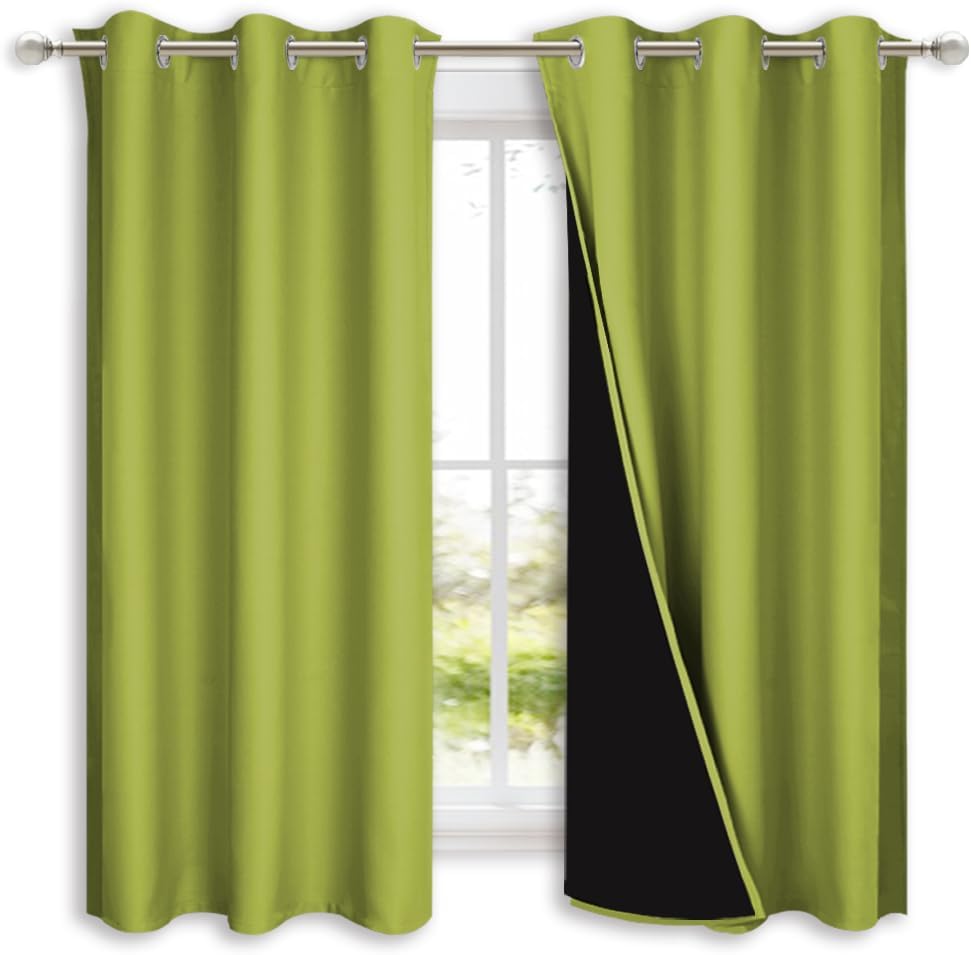 NICETOWN 100% Blackout Short Curtains with Black Liners, 2 Panels, 37" W by 60" L, Fresh Green, Solid Thermal Insulated Full Blackout 2-Layer Lined Drapes, Energy Efficiency Window Drapes for Bedroom