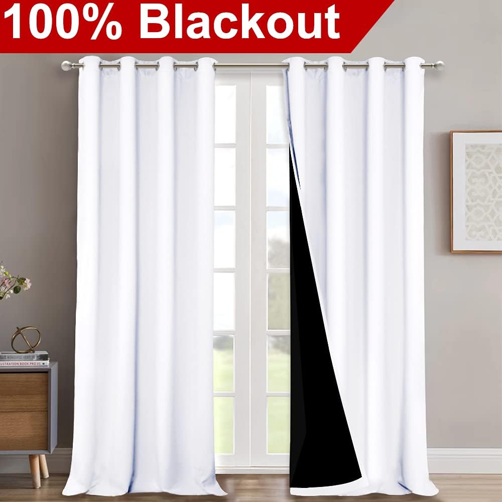 NICETOWN Full Shading Curtains 90 inches Long 2 Panels Set for Windows, Super Heavy-Duty Black Lined Blackout Curtains for Bedroom, Privacy Assured Window Treatment (White, Pack of 2, 52 inches W)