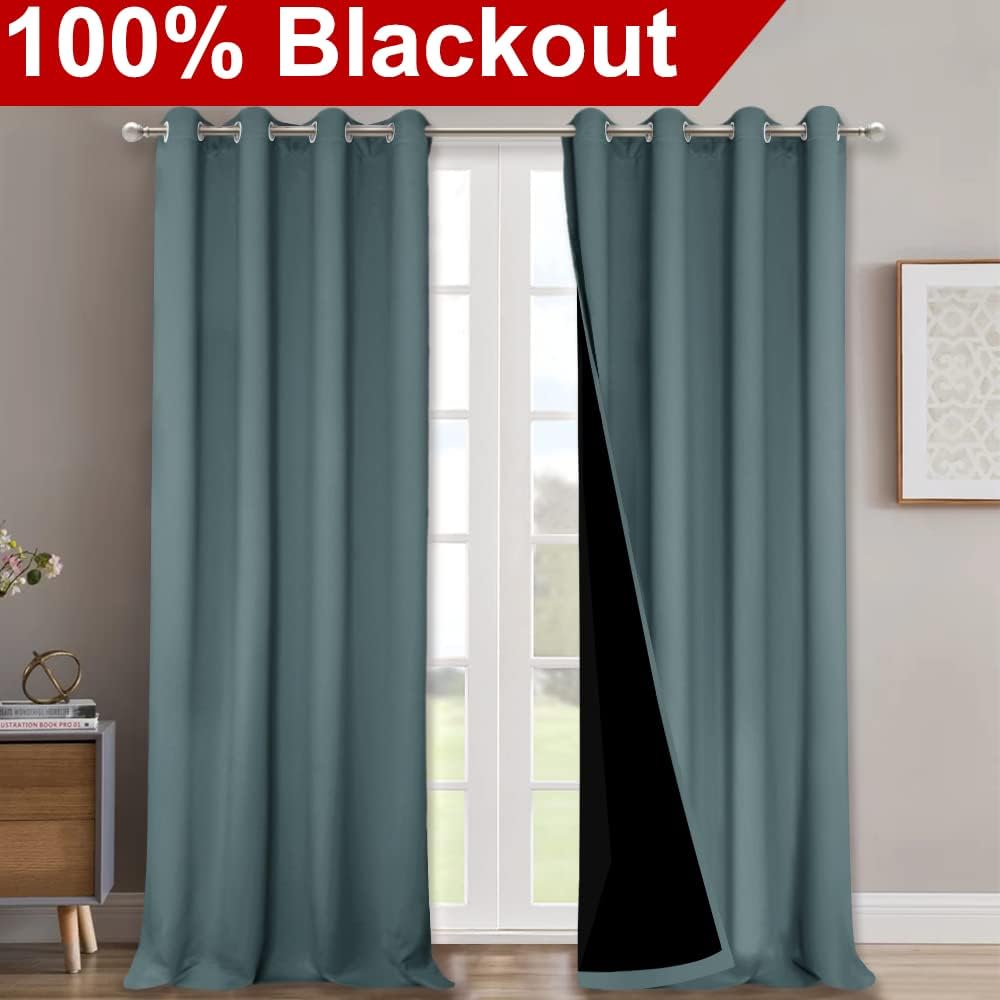 NICETOWN 100% Blackout Curtains for Windows, Pack of 2, Greyish Blue, 52" W x 102" L, Super Heavy-Duty Black Lined Total Darkness Drapes for Bedroom, Privacy Assured Window Treatment for Patio