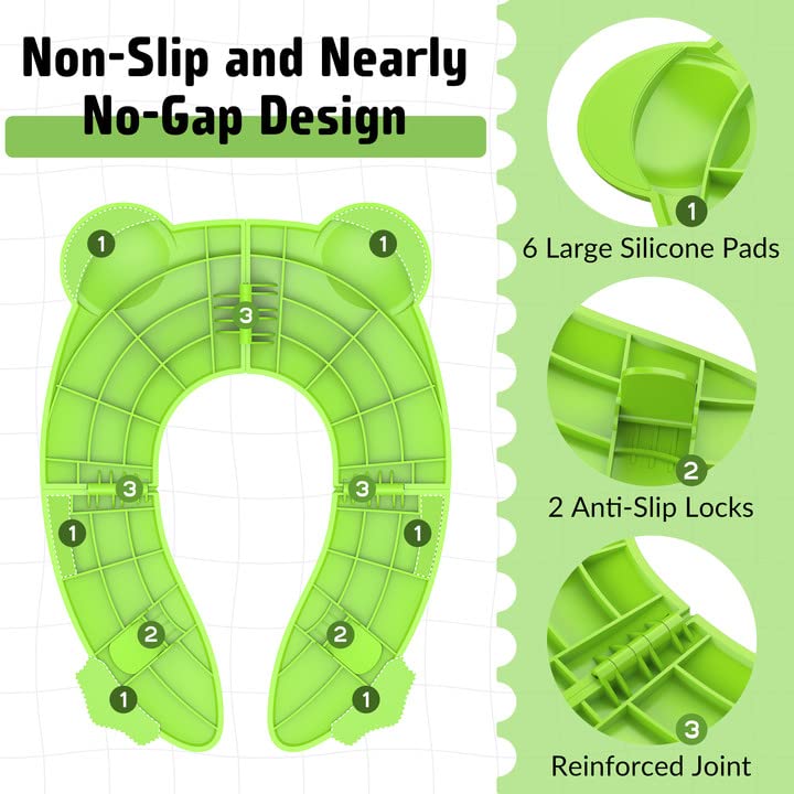Portable Potty Seat for Toddler Travel - Foldable Non-Slip Potty Training Toilet Seat Cover for Boys Girls, Baby Kids with Drawstring Bag (Green Frog)
