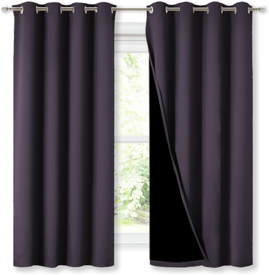 NICETOWN 100% Blackout Curtains with Black Liners, Greyish Purple, 2 Panels, 52" W by 63" L, Thermal Insulated Full Blackout 2-Layer Lined Drapes, Energy Efficiency Window Draperies for Bedroom