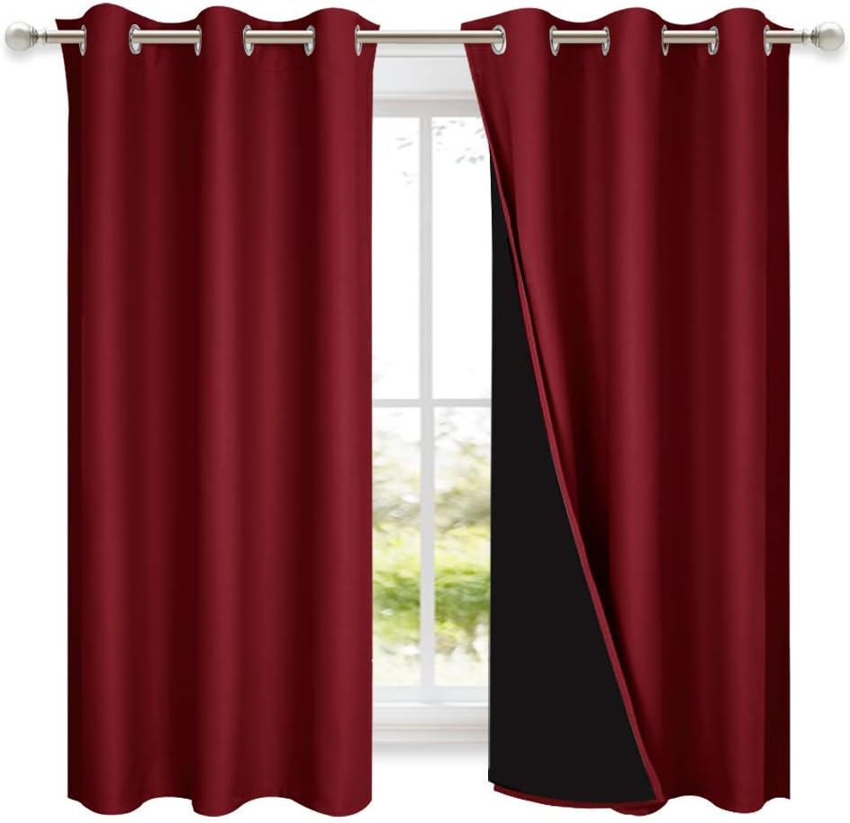 NICETOWN 100% Blackout Curtains 45 inches Long, Burgundy Red, 1 Pair, 42 inches Width Each Panel, 2 Thick Layers Completely Blackout Window Treatment Thermal Insulated Lined Drapes for Small Window