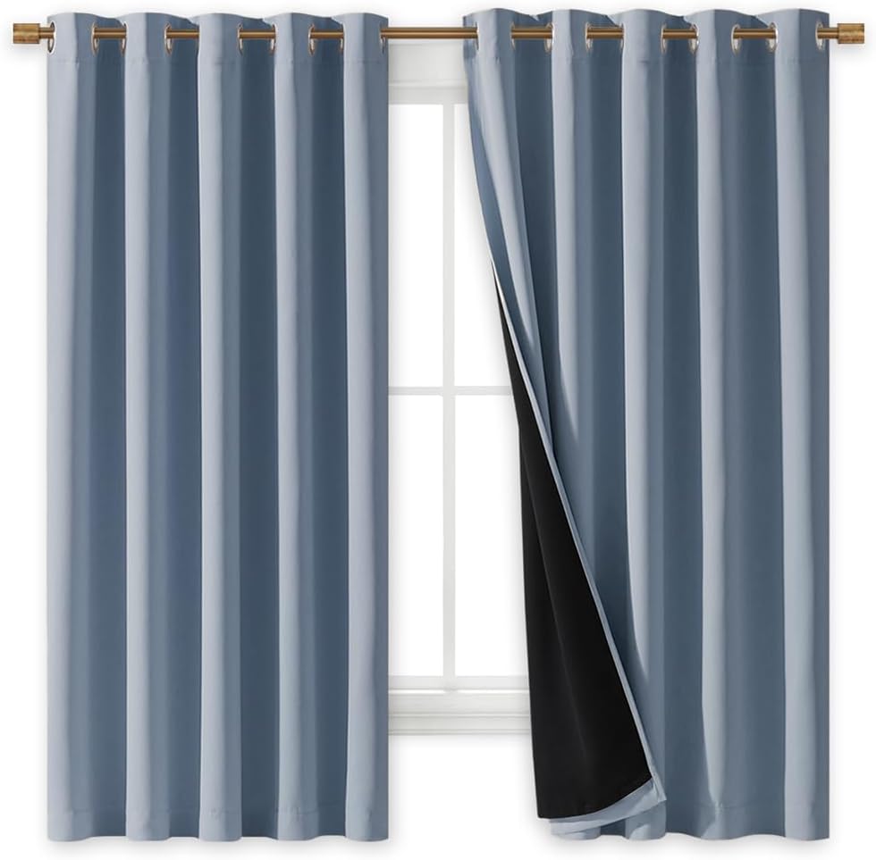 NICETOWN 100% Blackout Lined Curtains, Vintage Blue, 1 Pair, 62" Width x 63" Length Each Panel, 2 Thick Layers Completely Blackout Window Treatment Thermal Insulated Drapes for Kitchen/Bedroom