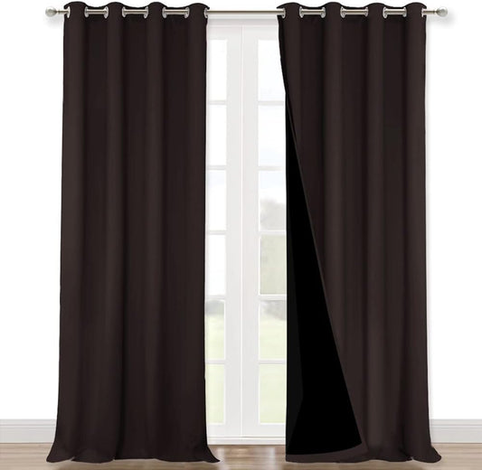 NICETOWN Cold Blocking 100% Blackout Curtains, Durable Black Lined Blackout Curtains for Bedroom, Energy Saving Long Curtains for Patio Sliding Glass Door, Brown, 52 inches x 95 inches, 2 Panels