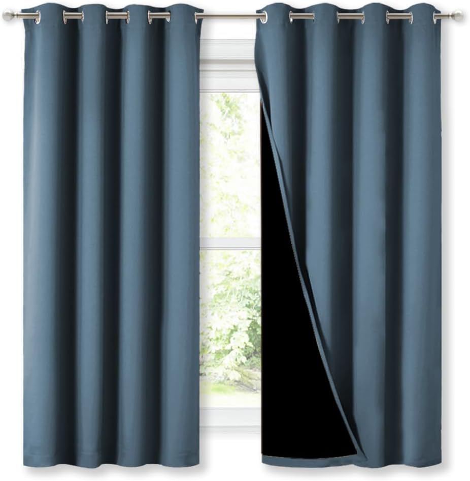 NICETOWN 100% Blackout Curtains with Black Liners, Smoky Blue, 2 Panels, 52-inch W by 63-inch L, Thermal Insulated Full Blackout 2-Layer Lined Drapes, Energy Efficiency Window Draperies for Bedroom