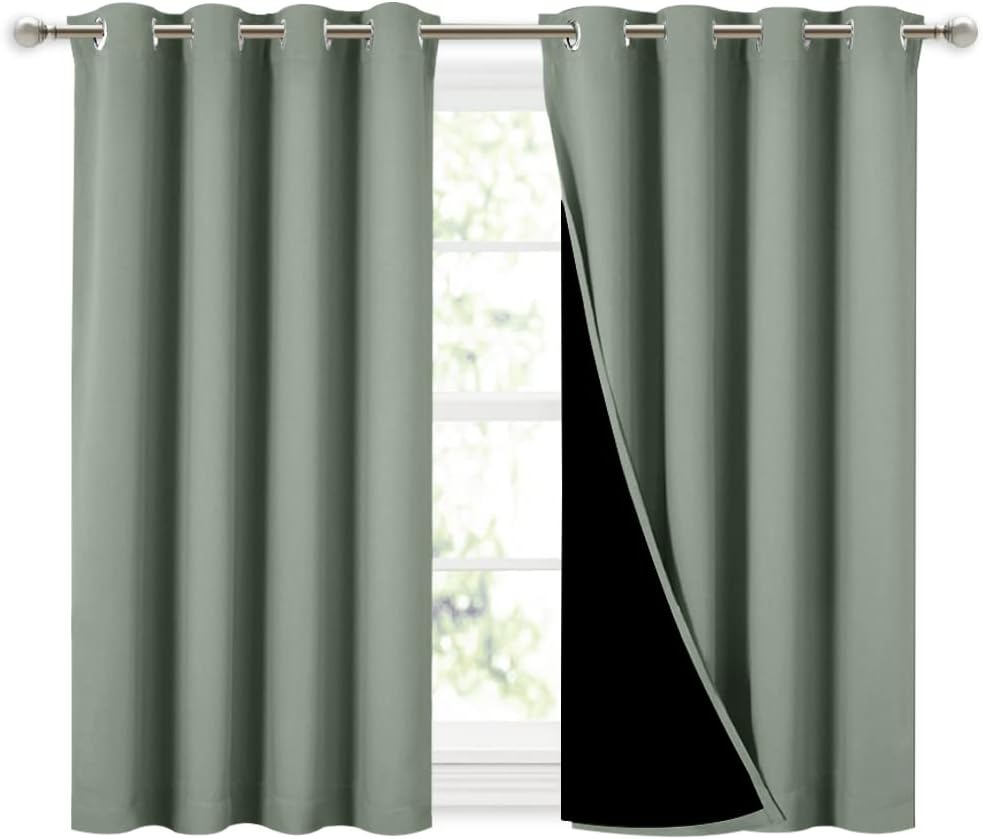 NICETOWN Greyish Green 100% Blackout Curtains 45 inches Long, 2 Thick Layers Completely Blackout Window Treatment Thermal Insulated Lined Drapes for Small Window (1 Pair, 52 inches Width Each Panel)
