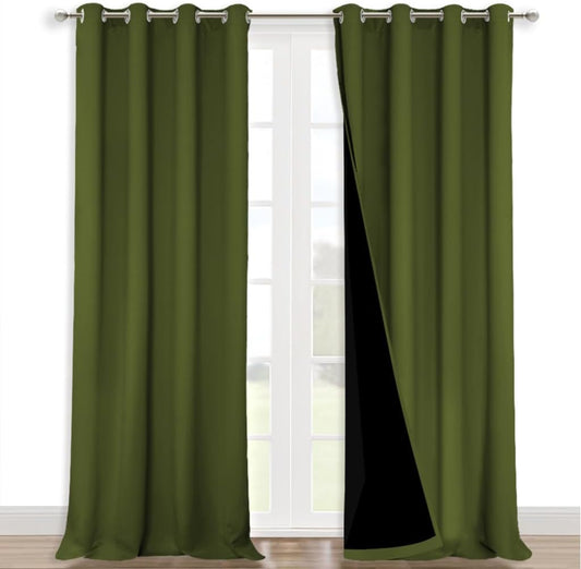 NICETOWN Full Shading Curtains 90" Long 2 Panels Set for Windows, Olive Green, Pack of 2, 52" W, Super Heavy-Duty Black Lined Blackout Curtains for Bedroom, Privacy Assured Window Treatment