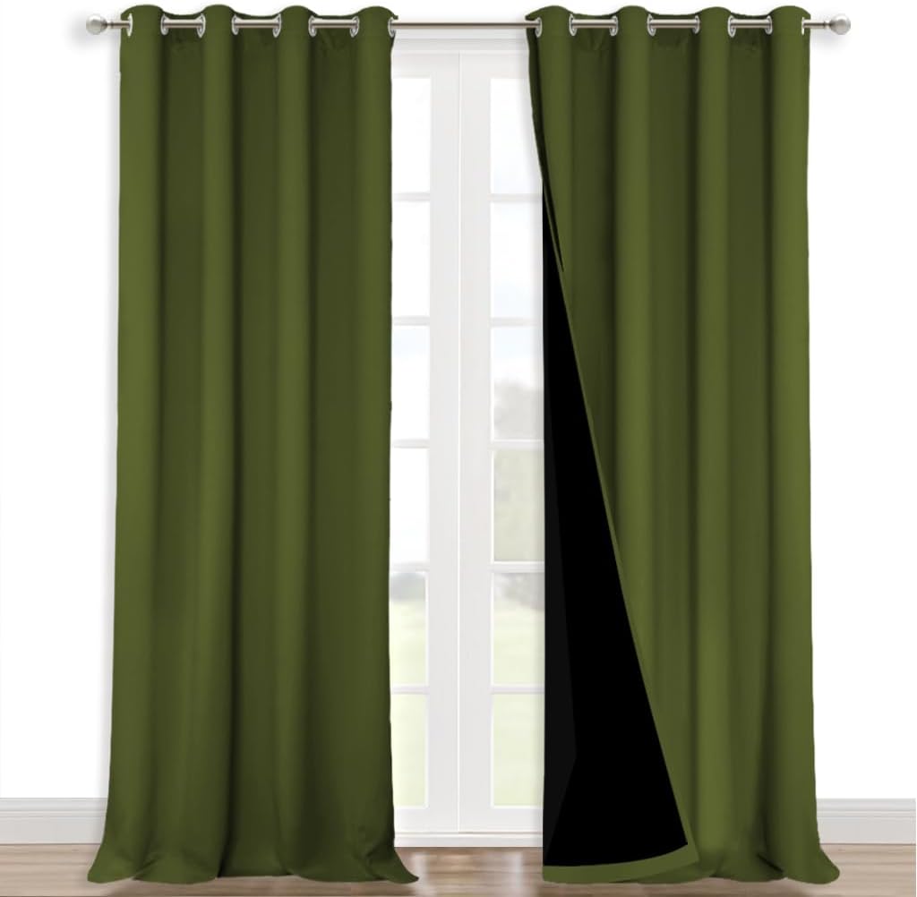 NICETOWN 100% Blackout Curtains for Windows, Pack of 2, Olive Green, 52" W x 120" L, Super Heavy-Duty Black Lined Total Darkness Drapes for Bedroom, Privacy Assured Window Treatment for Patio