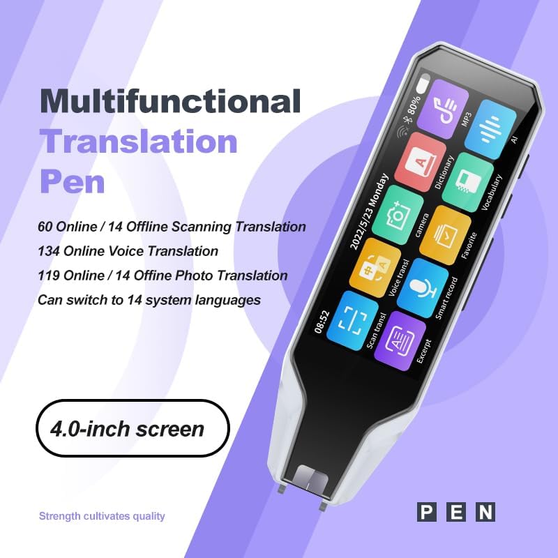 AI Reading Language Translator Pen, Translation Scanner, 134-Languges & Accents, Real-time Translation Device, HD Sound, Long Battery Life, for Students Adults (4.0 inches White)