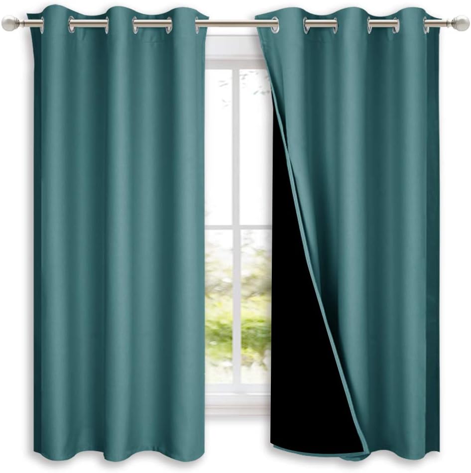 NICETOWN 100% Blackout Short Curtains with Black Liners, 2 Panels, 37" W by 63" L, Sea Teal, Solid Thermal Insulated Full Blackout 2-Layer Lined Drapes, Energy Efficiency Window Draperies for Bedroom