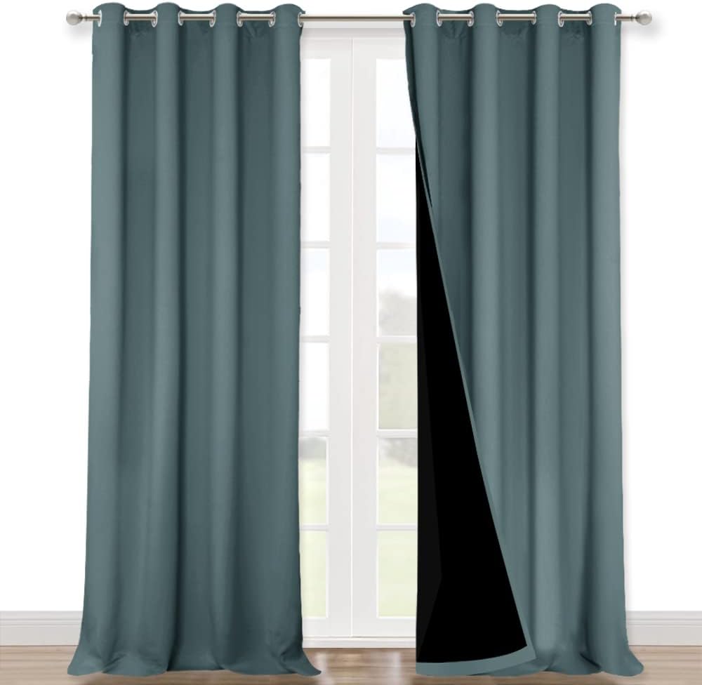 NICETOWN 100% Blackout Blinds, Set of 2, 46" x 102", Greyish Blue, Laundry Room Decor Window Treatment Curtains for Large Patio Sliding Door, Thermal Insulated Curtains for Bedroom