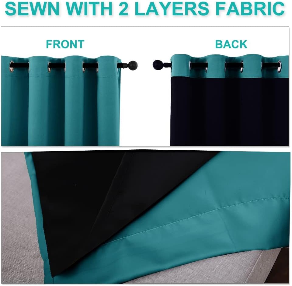 NICETOWN 100% Blackout Short Curtains with Black Liners, 2 Panels, 37" W by 60" L, Peacock Teal, Solid Thermal Insulated Full Blackout 2-Layer Lined Drapes, Energy Efficiency Window Drapes for Bedroom