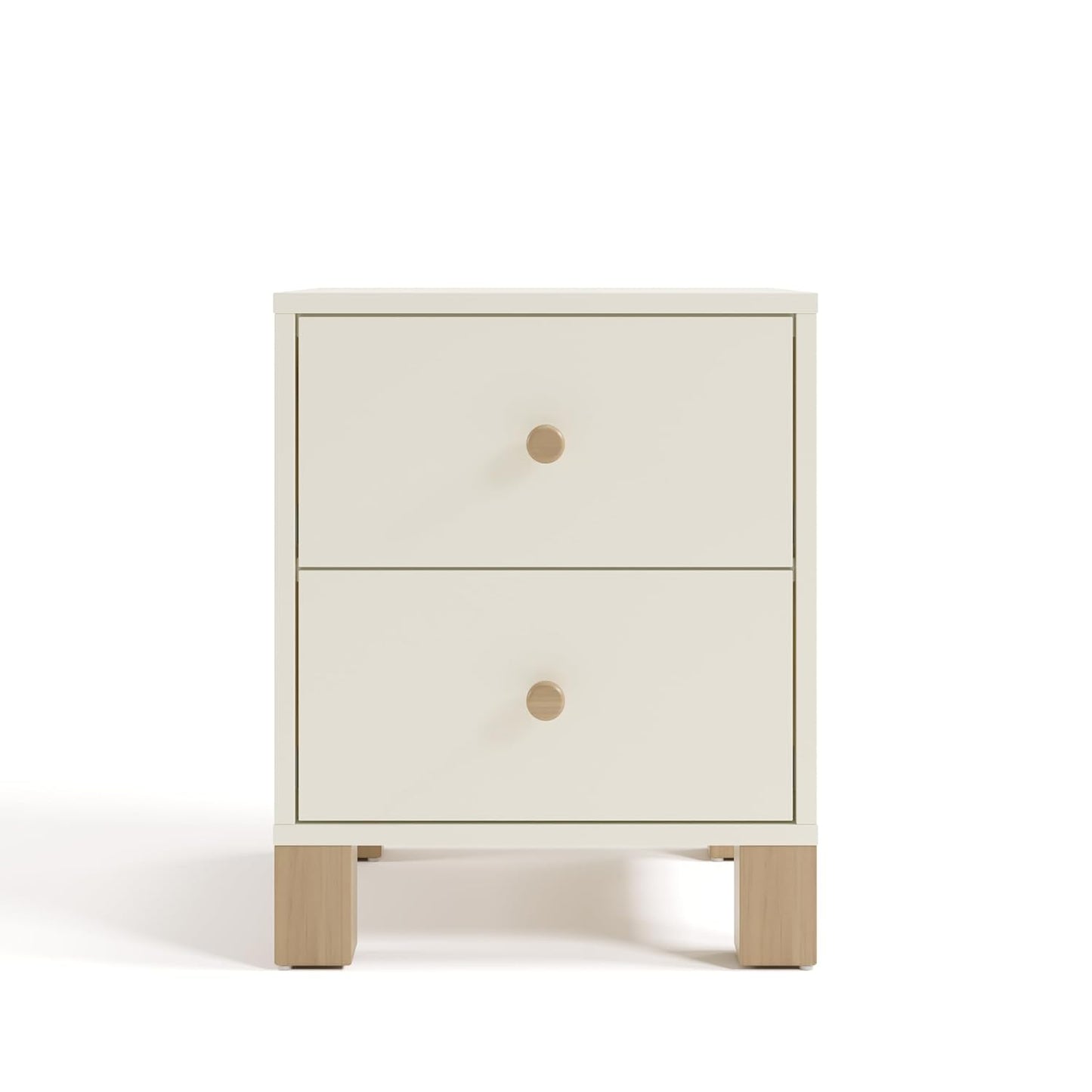 Storkcraft California 2 Drawer Nightstand for Kids Bedroom (Frosted Oat with Driftwood) - GREENGUARD Gold Certified, Premium Wood Storage Nightstand with Elegant, Iconic Block Feet