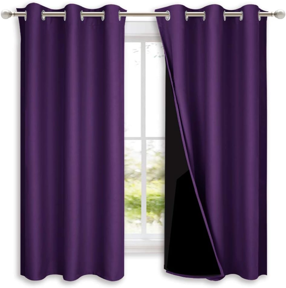 NICETOWN 100% Blackout Curtains with Black Liner Backing, Thermal Insulated Curtains for Living Room, Noise Reducing Drapes, Royal Purple, 37" Wide x 60" Long Per Panel, Set of 2 Panels