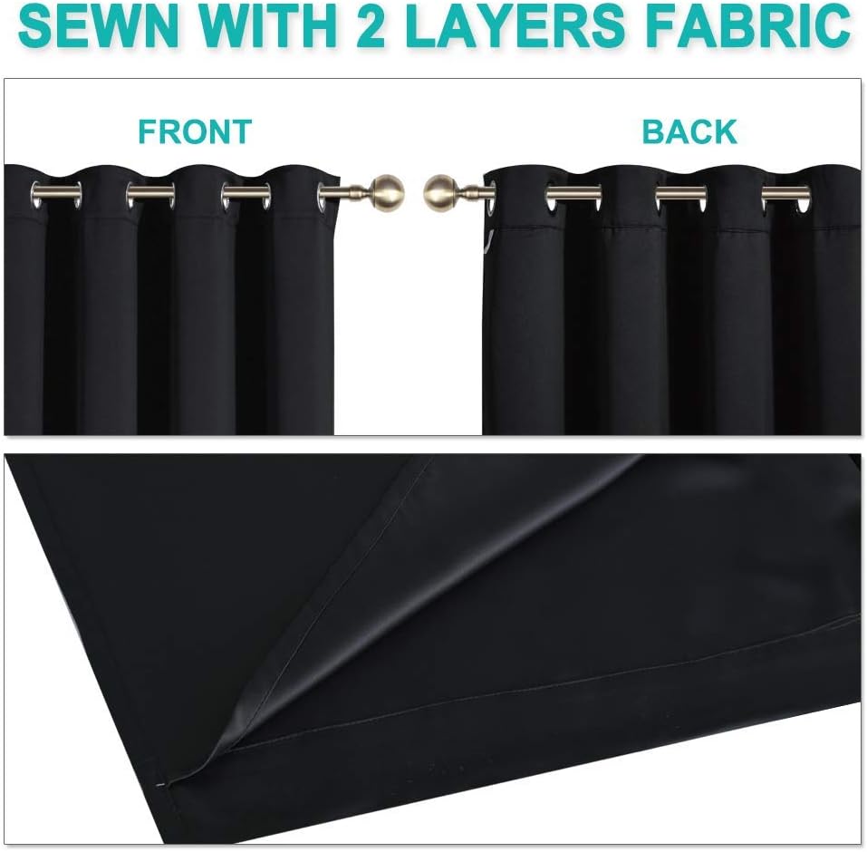 NICETOWN Complete 100% Blackout Curtain Set, Black, 37" W by 50" L, Double Panels, Thermal Insulated & Energy Efficiency Window Draperies with Black Liner, Noise Reducing Short Curtains for Kids Room