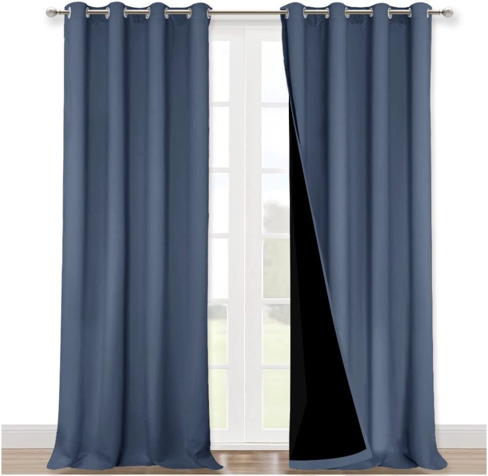 NICETOWN 100% Blackout Curtains for Windows, Pack of 2, Stone Blue, 52" W x 120" L, Super Heavy-Duty Black Lined Total Darkness Drapes for Bedroom, Privacy Assured Window Treatment for Patio