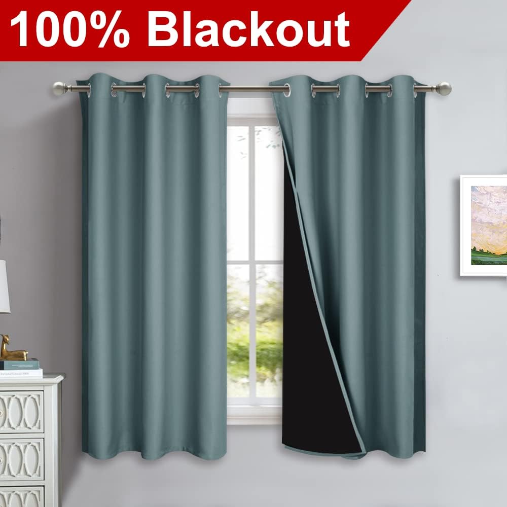 NICETOWN 100% Blackout Short Curtains with Black Liners, 2 Panels, 37" W by 60" L, Greyish Blue, Solid Thermal Insulated Full Blackout 2-Layer Lined Drapes, Energy Efficiency Window Drapes for Bedroom