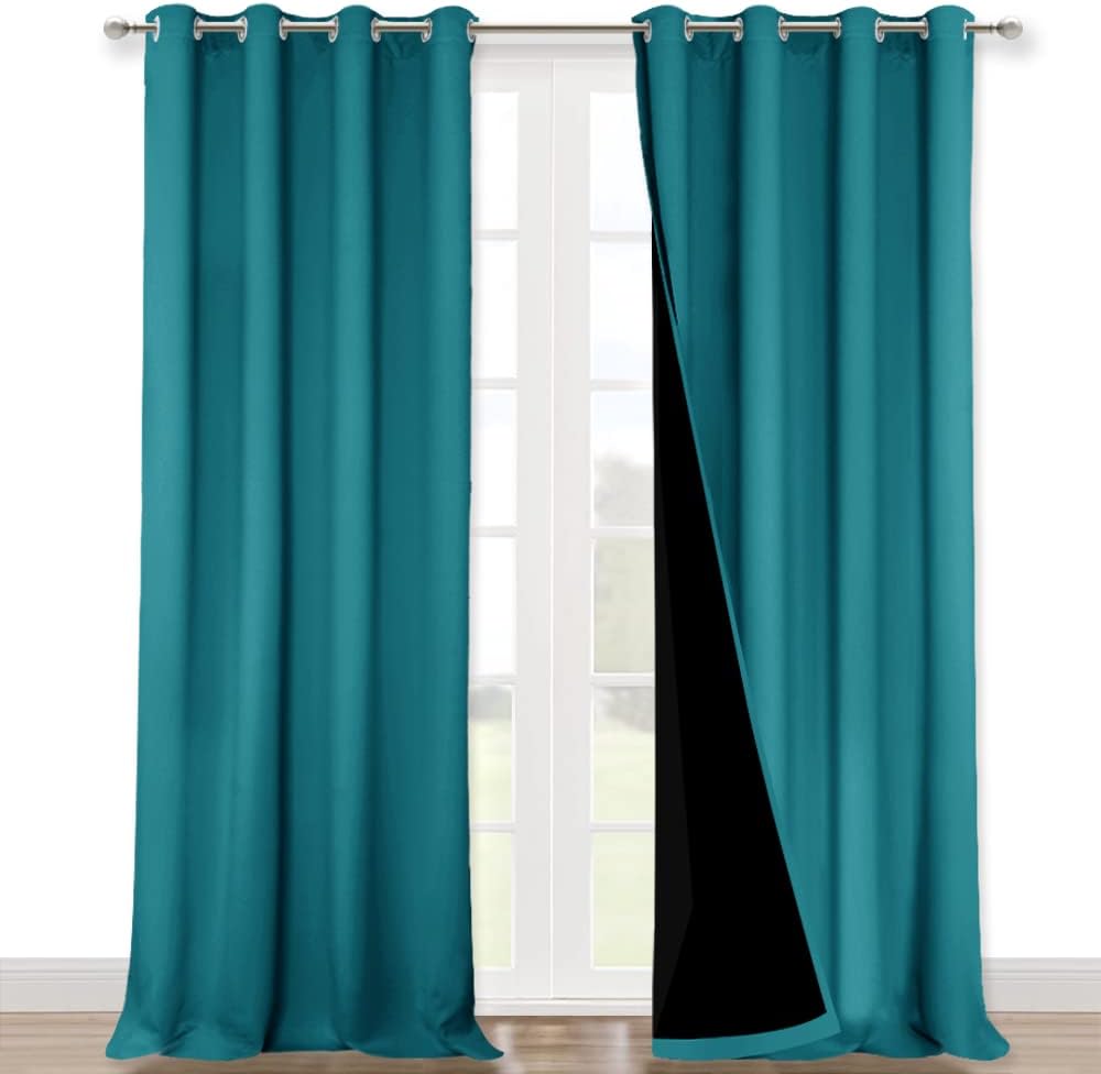 NICETOWN 100% Blackout Blinds, Set of 2, 46" x 102", Peacock Teal, Laundry Room Decor Window Treatment Curtains for Large Patio Sliding Door, Thermal Insulated Curtains for Bedroom