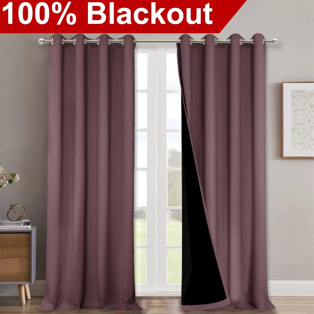 NICETOWN 100% Blackout Curtains for Windows, Dry Rose, Pack of 2, 52 inches W x 120 inches L, Super Heavy-Duty Black Lined Total Darkness Drapes for Bedroom, Privacy Assured Window Treatment for Patio