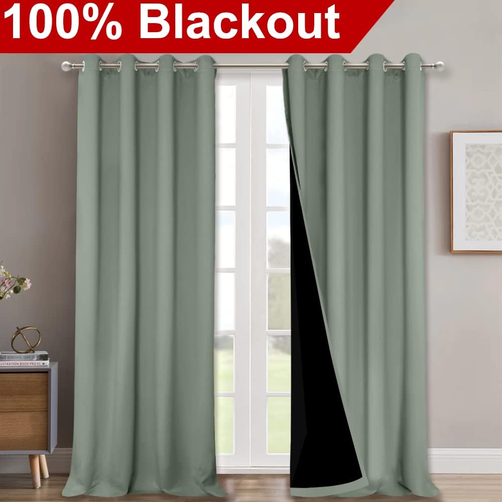 NICETOWN 100% Blackout Blinds, Set of 2, 46" x 102", Greyish Green, Laundry Room Decor Window Treatment Curtains for Large Patio Sliding Door, Thermal Insulated Curtains for Bedroom
