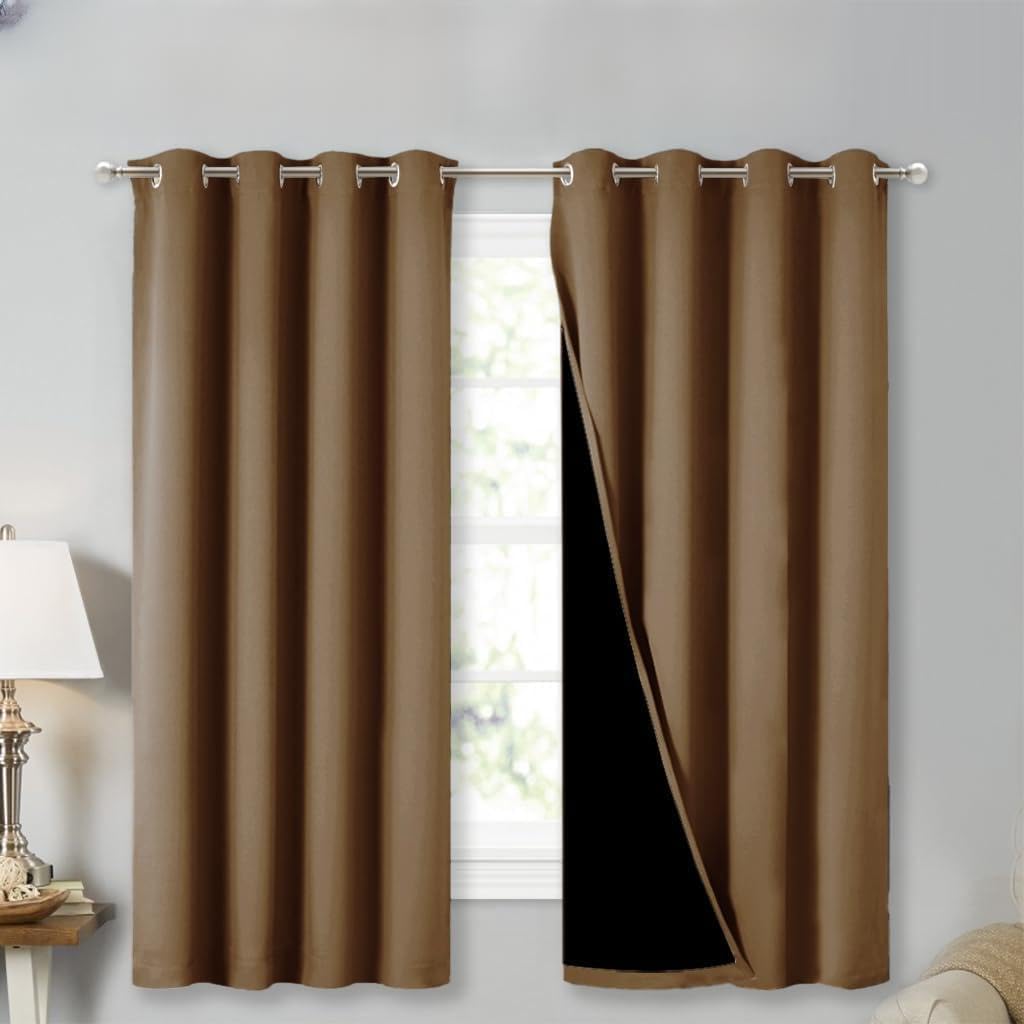 NICETOWN 100% Blackout Curtains 45 inches Long, Gold Brown, 1 Pair, 52 inches Width Each Panel, 2 Thick Layers Completely Blackout Window Treatment Thermal Insulated Lined Drapes for Small Window