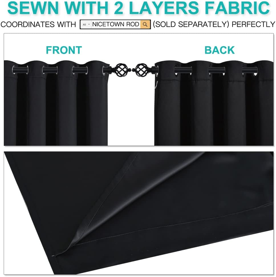 NICETOWN Extra Long Truly Blackout Drapes for Hall and Villa, 100% Blackout Window Curtain Panels with Black Lined for Night Shift Worker, 52-inch Width Each Panel, 108-inch Length, Black, 2 Pieces