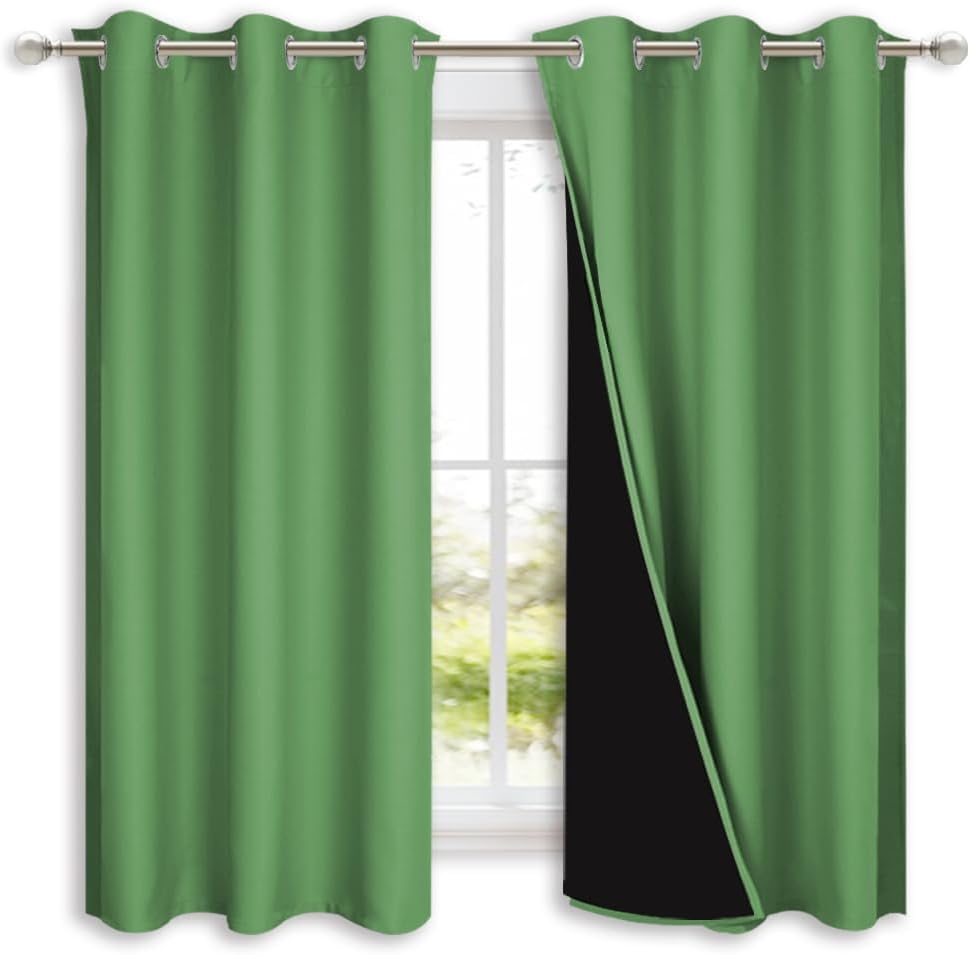 NICETOWN 100% Blackout Short Curtains with Black Liners, 2 Panels, 37" W by 40" L, Forest Green, Solid Thermal Insulated Full Blackout 2-Layer Lined Drapes, Energy Efficiency Window Drapes for Bedroom