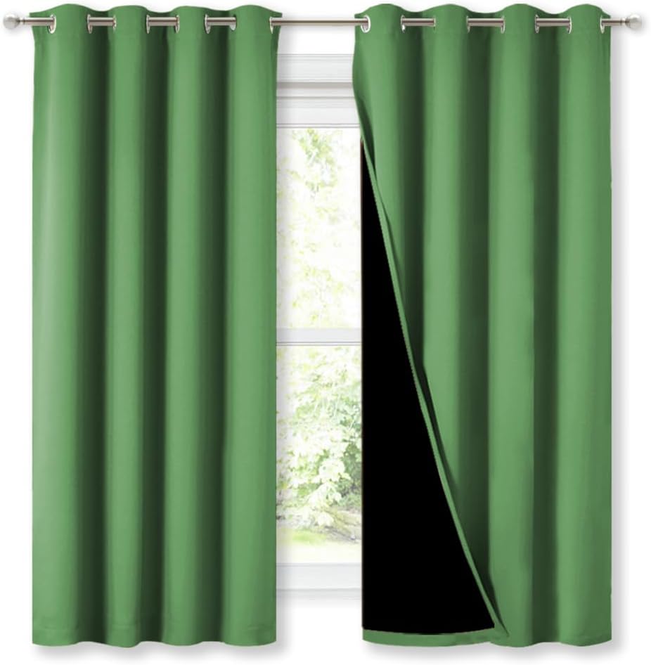 NICETOWN 100% Blackout Curtains with Black Liners, Forest Green, 2 Panels, 52-inch W by 63-inch L, Thermal Insulated Full Blackout 2-Layer Lined Drapes, Energy Efficiency Window Draperies for Bedroom