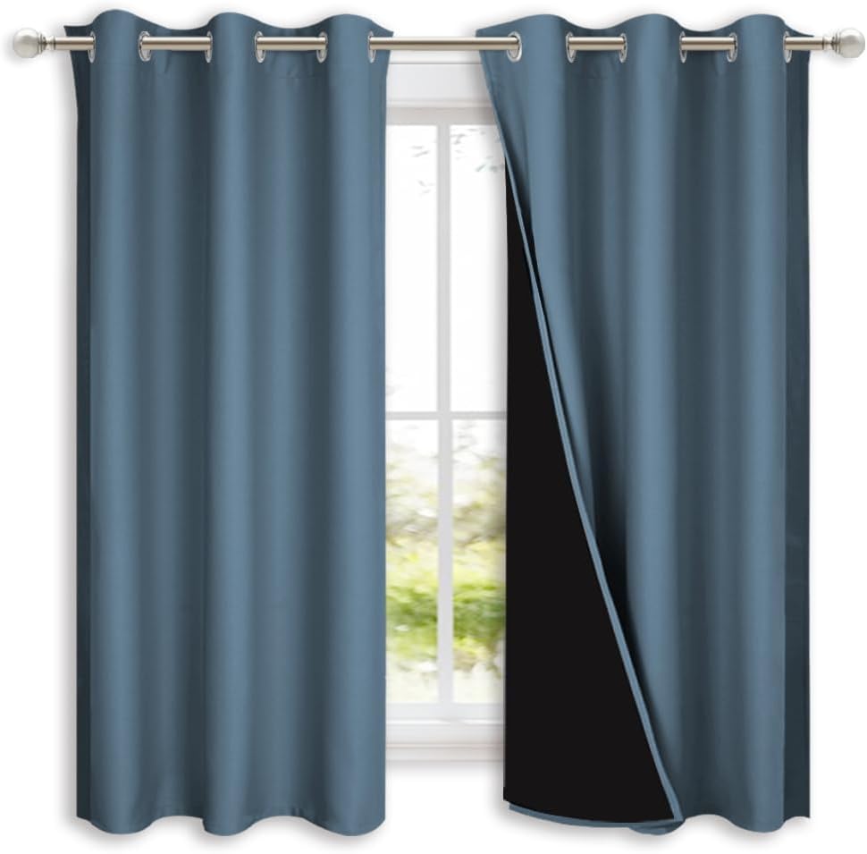 NICETOWN 100% Blackout Short Curtains with Black Liners, 2 Panels, 37" W by 63" L, Smoky Blue, Solid Thermal Insulated Full Blackout 2-Layer Lined Drapes, Energy Efficiency Window Drapes for Bedroom
