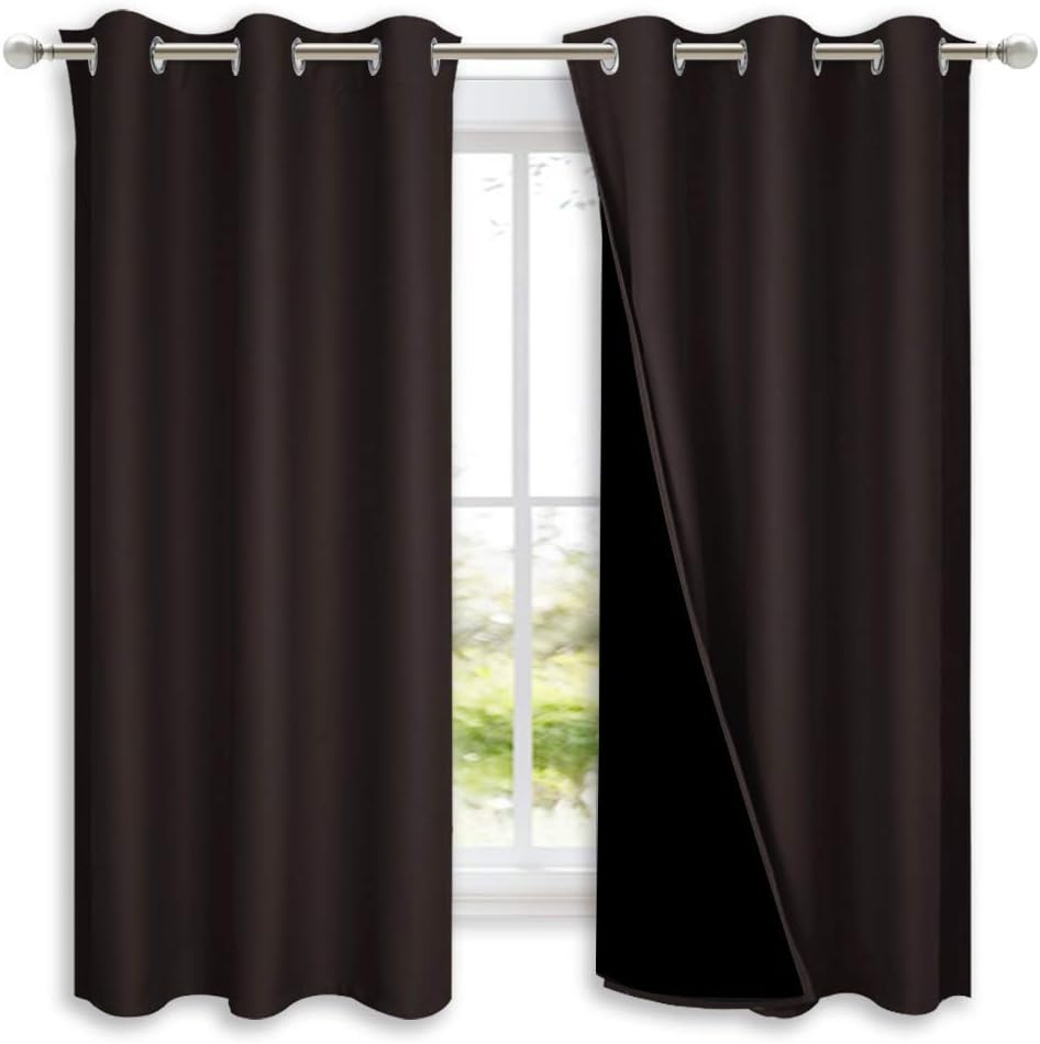 NICETOWN 100% Blackout Short Curtains with Black Liners, 2 Panels, 37" W by 60" L, Toffee Brown, Solid Thermal Insulated Full Blackout 2-Layer Lined Drapes, Energy Efficiency Window Drapes for Bedroom