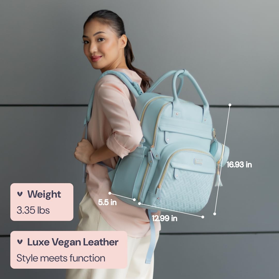 BabbleRoo Leather Diaper Bag Backpack - Baby Essentials Travel Baby Bag, Multi function, Waterproof, with Changing Pad, Stroller Straps & Pacifier Case – Unisex, Powder Blue
