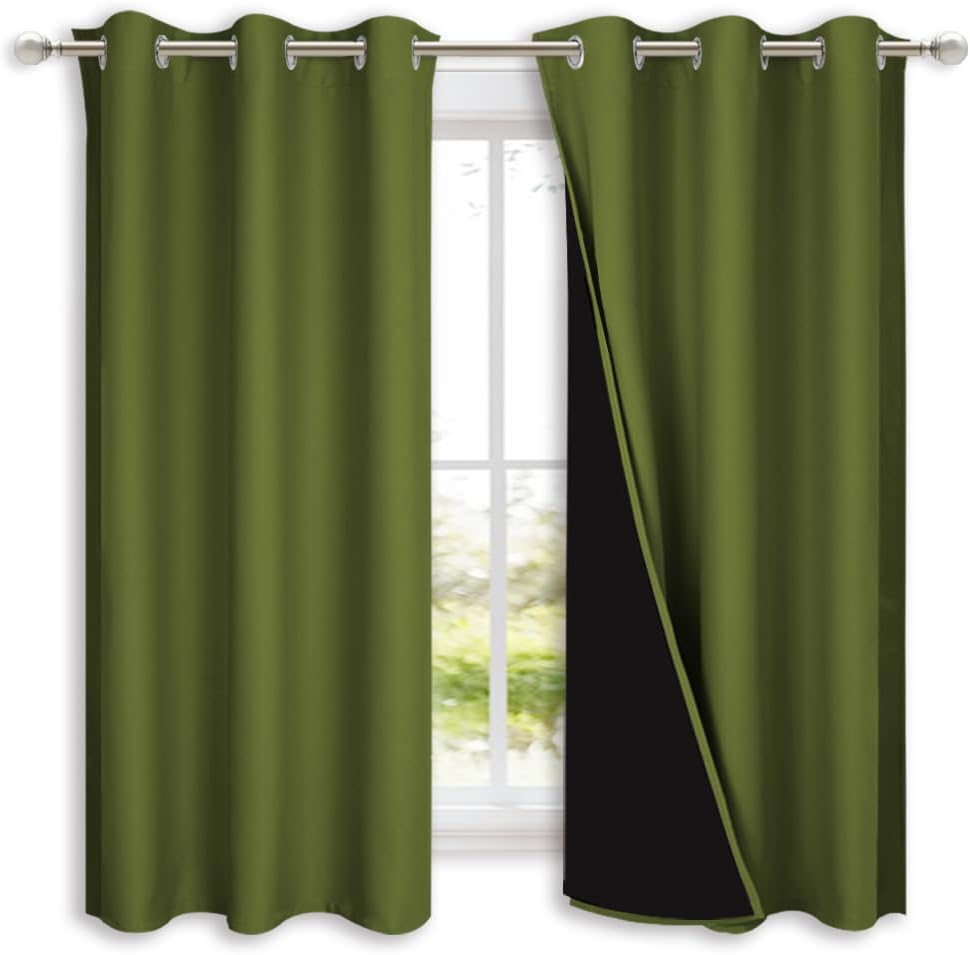 NICETOWN 100% Blackout Curtains 54" Long, Olive Green, 1 Pair, 42" Width Each Panel, Double-Deck Completely Blackout Window Treatment Thermal Insulated Lined Drapes for Small Window