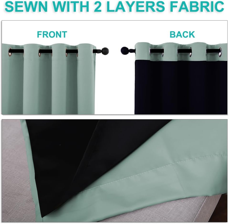 NICETOWN 100% Blackout Curtains 84 inches Long, Seafoam Green, 52 inches Wide, Pair of Energy Smart & Noise Blocking Out Drapes for Baby Room Window, Thermal Insulated Guest Room Lined Window Dressing