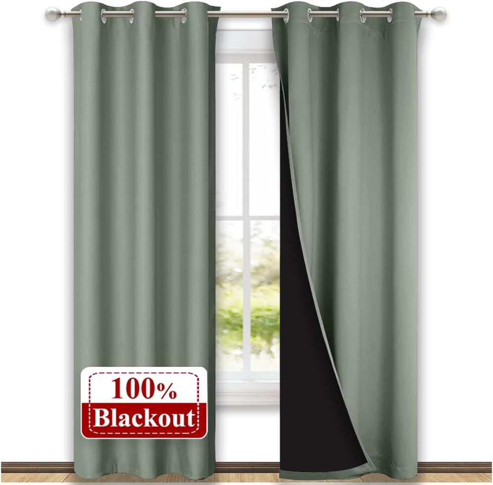 NICETOWN Greyish Green Blackout Curtains 80 inches Long, Full Light Blocking Drapes with Black Liner for Nursery, Thermal Insulated Draperies for Hall, Villa (2 Pieces, 42" Wide Each Panel)
