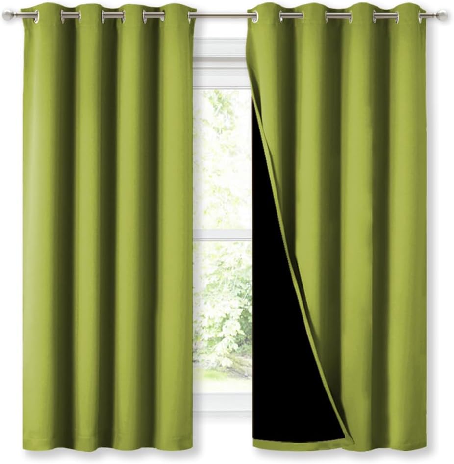 NICETOWN 100% Blackout Curtains 45 inches Long, Fresh Green, 1 Pair, 52 inches Width Each Panel, 2 Thick Layers Completely Blackout Window Treatment Thermal Insulated Lined Drapes for Small Window