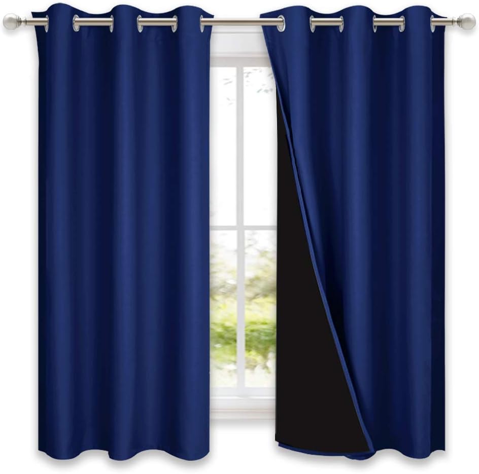 NICETOWN 100% Blackout Curtains with Black Liner Backing, Royal Blue, 37 inches x 60 inches Per Panel, Set of 2, Thermal Insulated Curtains for Living Room, Noise Reducing Drapes
