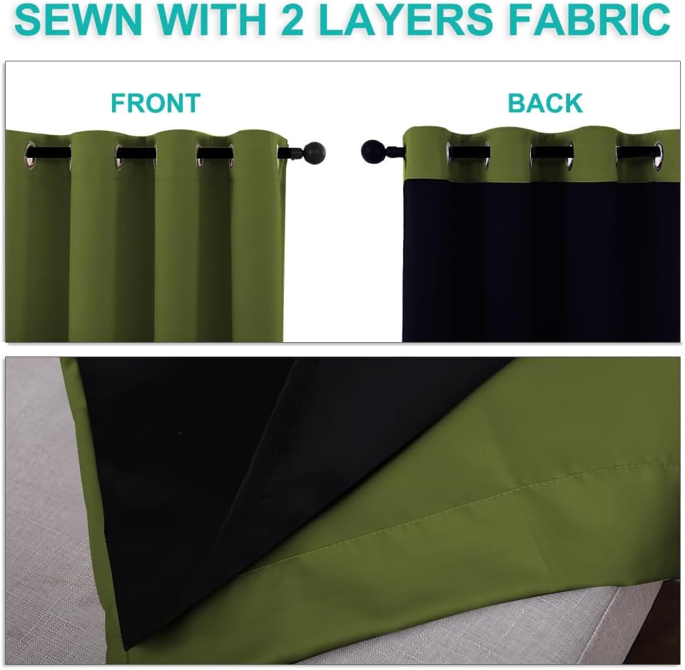 NICETOWN Blackout Curtains 84 inches Long, 2 Pieces, 42" Wide Each Panel, Olive Green, Full Light Blocking Drapes with Black Liner for Nursery, Thermal Insulated Draperies for Hall, Villa