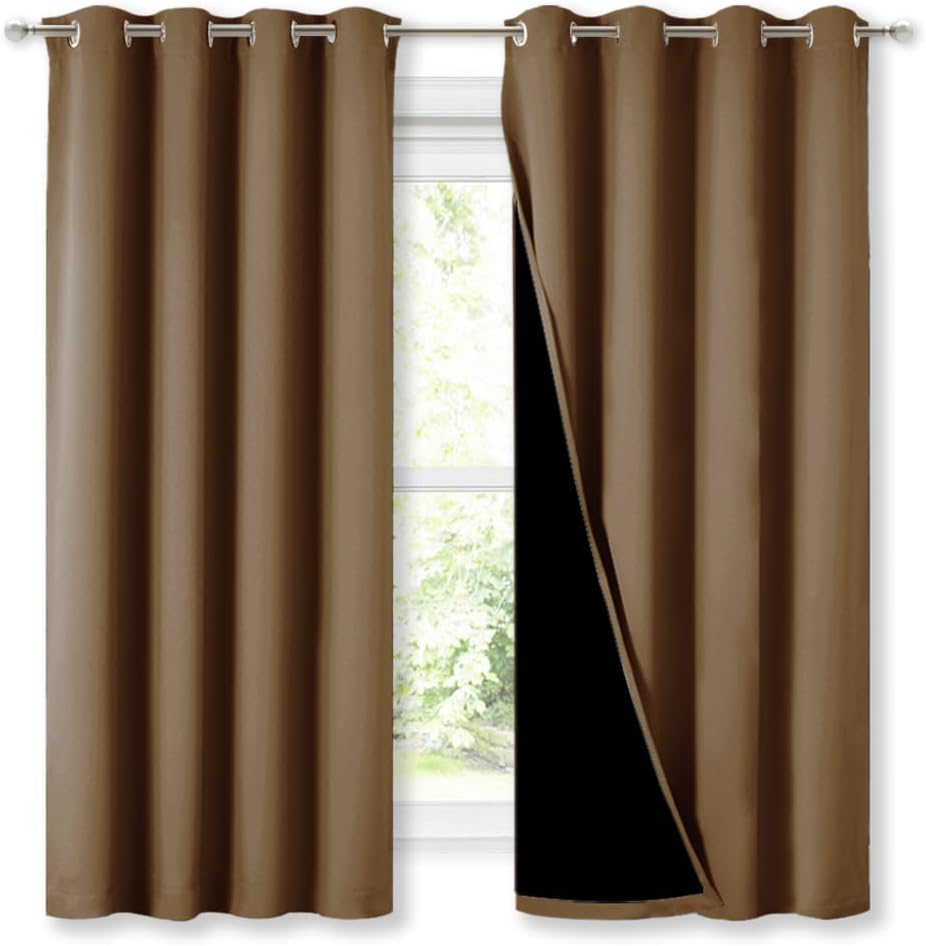 NICETOWN Extra Long Truly Blackout Drapes for Hall and Villa, 46" Width Each Panel, 45" Length, Gold Brown, 2 Pieces, 100% Blackout Window Curtain Panels with Black Lined for Night Shift Worker