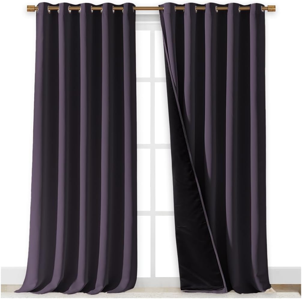 NICETOWN Full Shading Curtains for Windows, Greyish Purple, Pack of 2, 62 inches W x 95 inches L, Super Heavy-Duty Black Lined Blackout Curtains for Bedroom, Privacy Assured Window Treatment