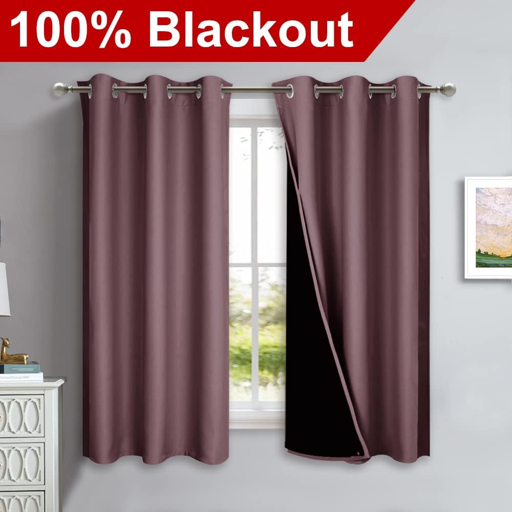 NICETOWN 100% Blackout Short Curtains with Black Liners, 2 Panels, 37" W by 40" L, Dry Rose, Solid Thermal Insulated Full Blackout 2-Layer Lined Drapes, Energy Efficiency Window Draperies for Bedroom