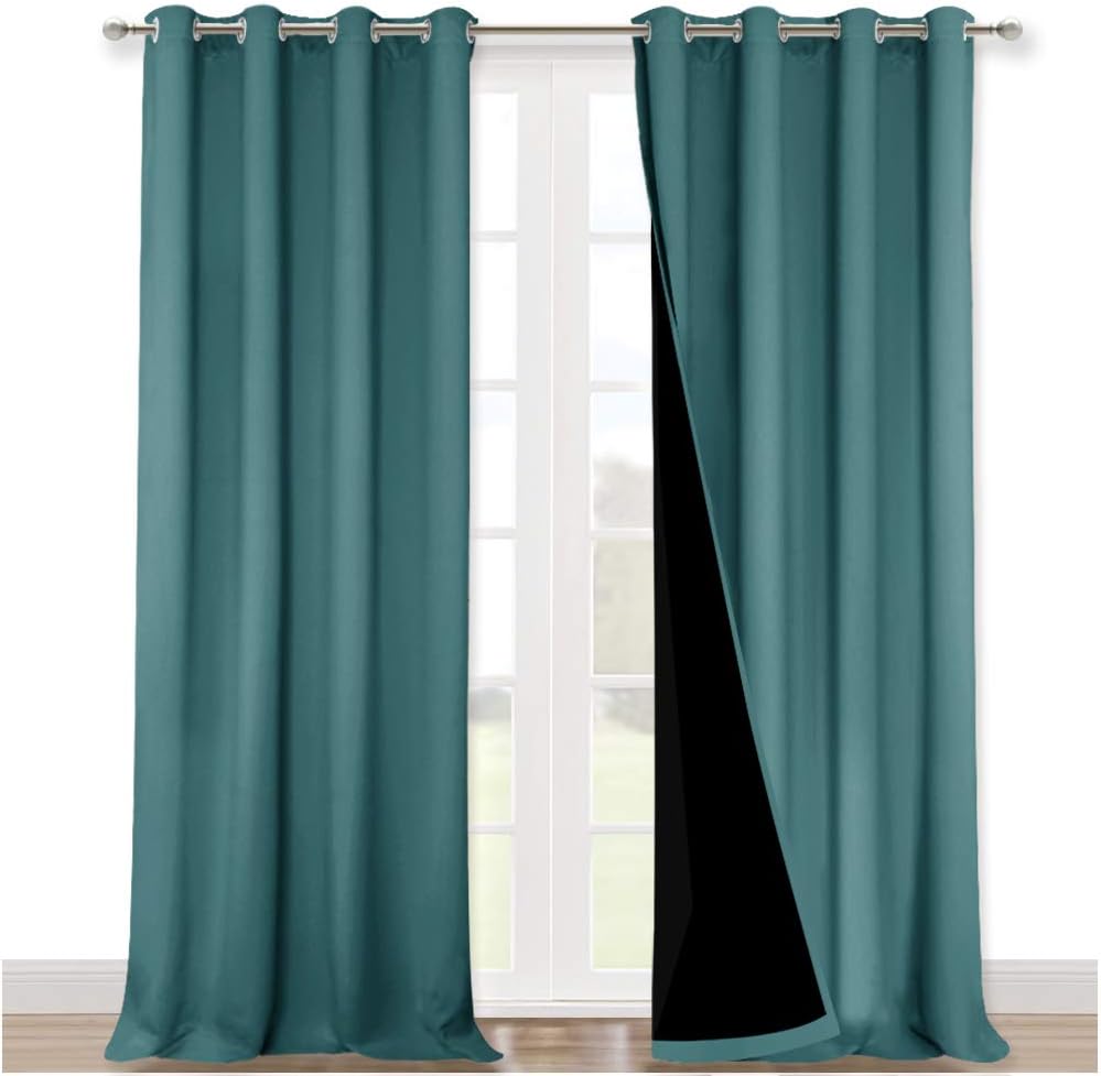 NICETOWN Full Shading Curtains 90" Long 2 Panels Set for Windows, Sea Teal, Pack of 2, 52" W, Super Heavy-Duty Black Lined Blackout Curtains for Bedroom, Privacy Assured Window Treatment