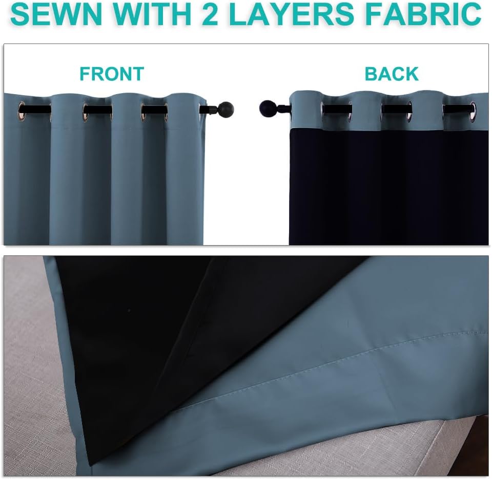 NICETOWN Full Shading Curtains for Windows, Smoky Blue, Pack of 2, 52 inches W x 95 inches L, Super Heavy-Duty Black Lined Blackout Curtains for Bedroom, Privacy Assured Window Treatment