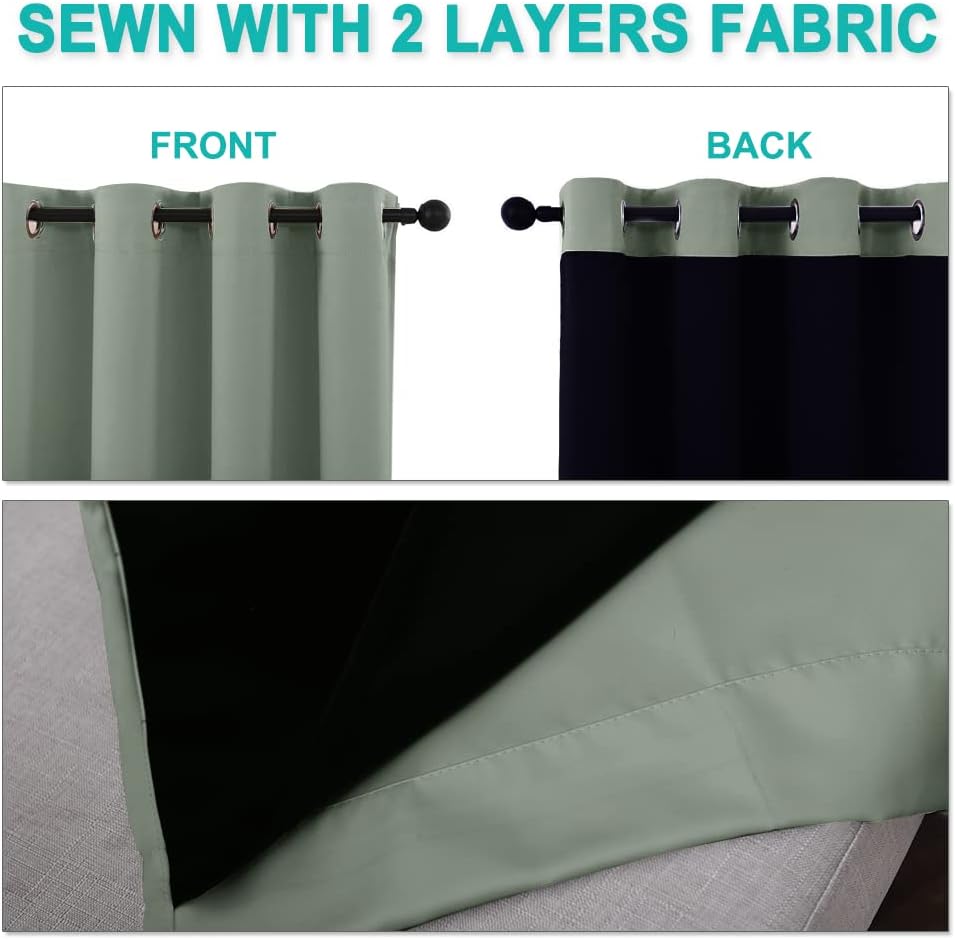 NICETOWN Greyish Green 100% Blackout Lined Curtains, 2 Thick Layers Completely Blackout Window Treatment Thermal Insulated Drapes for Kitchen/Bedroom (1 Pair, 62" Width x 63" Length Each Panel)